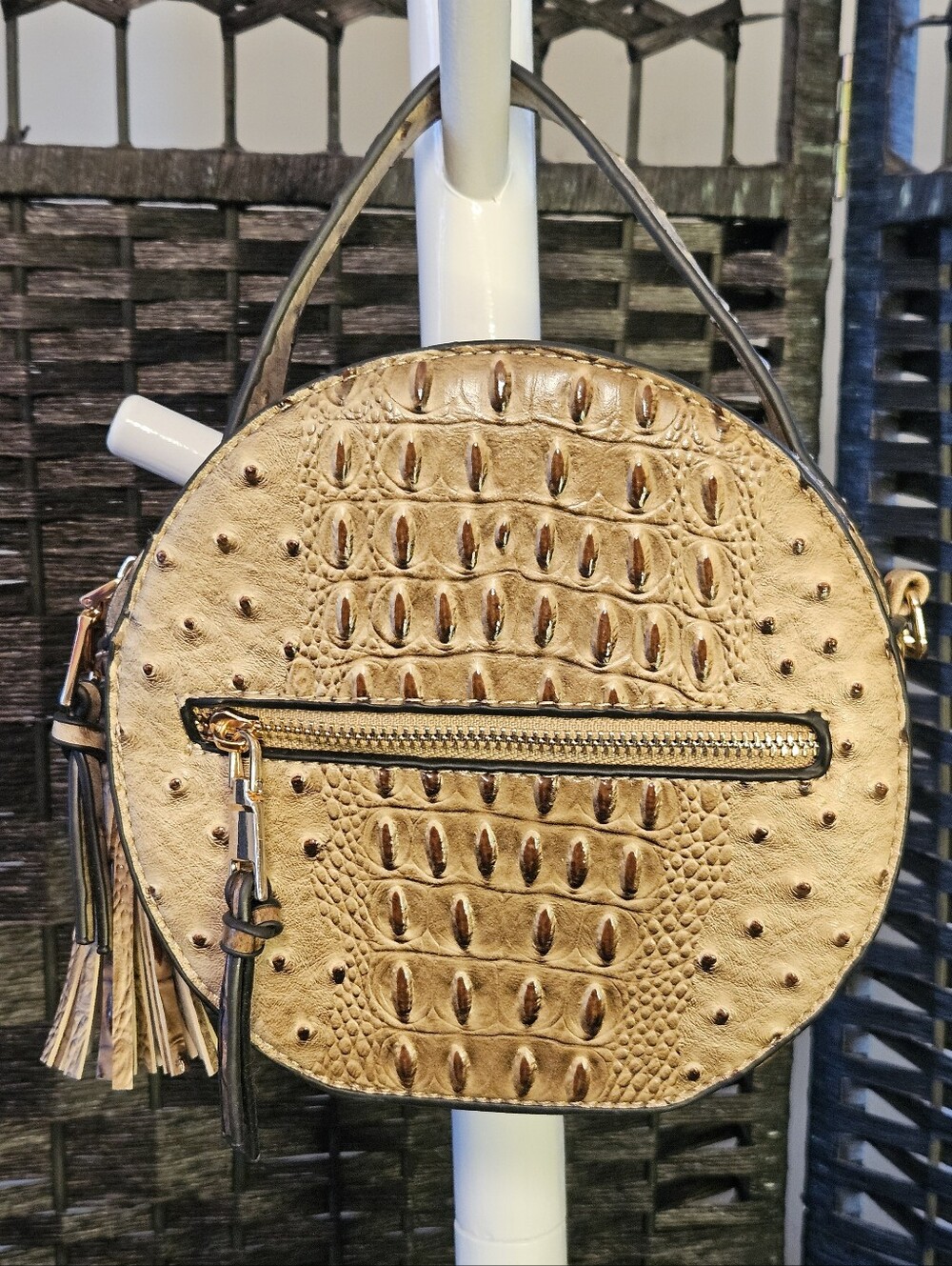 Round Faux-Ostrich Crossbody Bag in Tan with Tassel